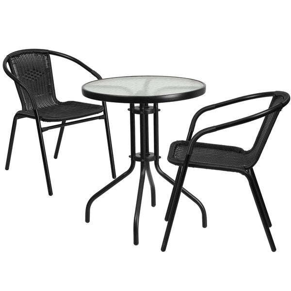 Lila 23.75'' Round Glass Metal Table with 2 Black Rattan Stack Chairs