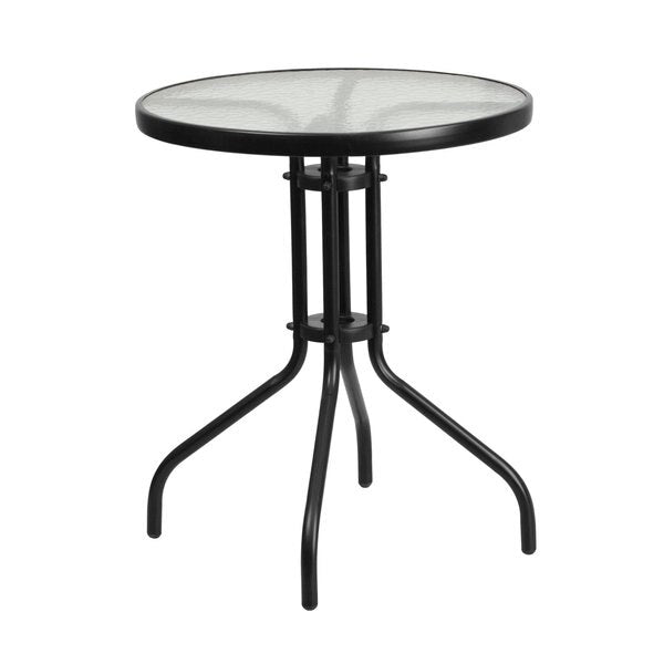 Lila 23.75'' Round Glass Metal Table with 2 Black Rattan Stack Chairs