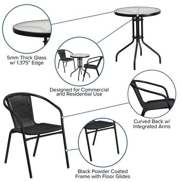 Lila 23.75'' Round Glass Metal Table with 2 Black Rattan Stack Chairs