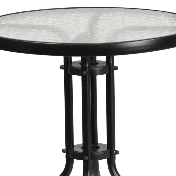 Lila 23.75'' Round Glass Metal Table with 2 Black Rattan Stack Chairs
