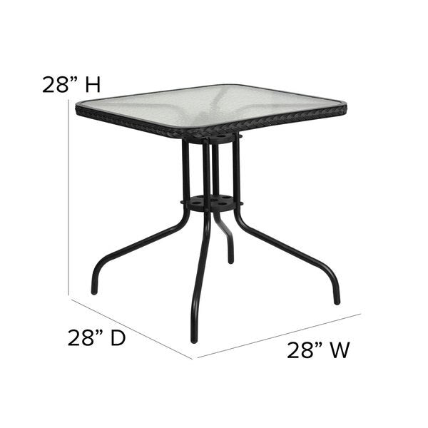 Square Glass Table, Blk Rattan Edging, Sqr, 28