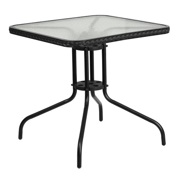 Square Glass Table, Blk Rattan Edging, Sqr, 28