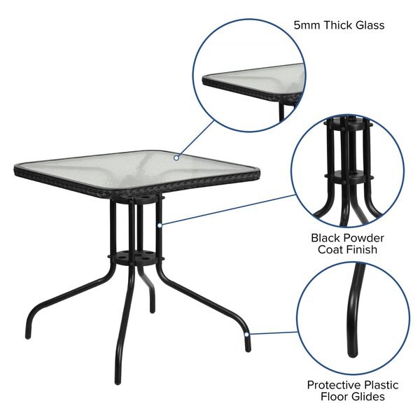 Square Glass Table, Blk Rattan Edging, Sqr, 28