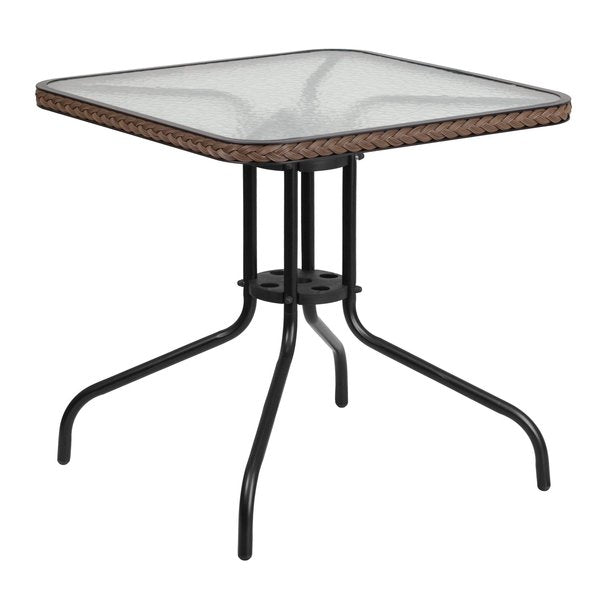 Square Glass Table, Brown Rattan Edging, Sqr, 28