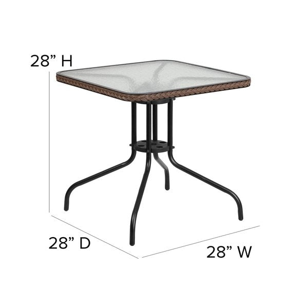 Square Glass Table, Brown Rattan Edging, Sqr, 28