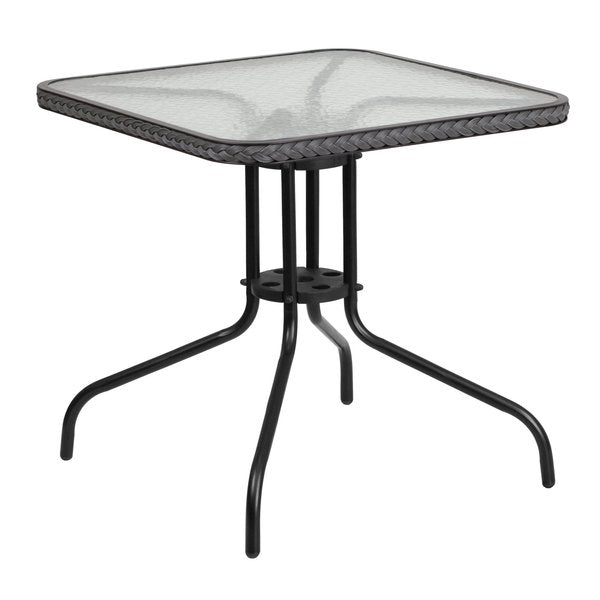 Square Glass Table, Gray Rattan Edging, Sqr, 28