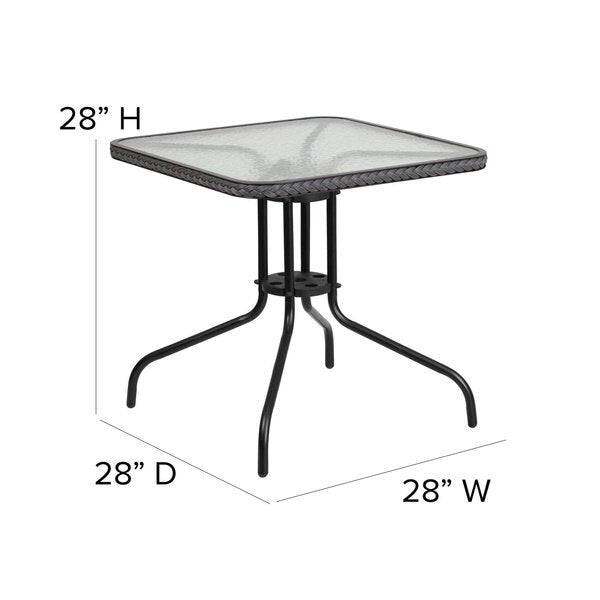Square Glass Table, Gray Rattan Edging, Sqr, 28