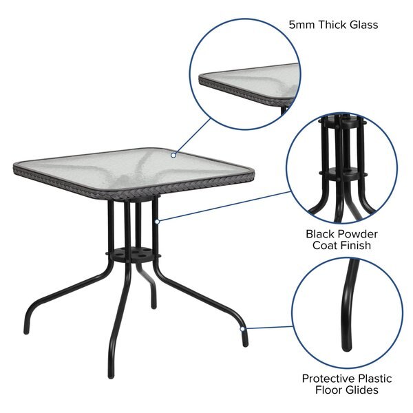 Square Glass Table, Gray Rattan Edging, Sqr, 28