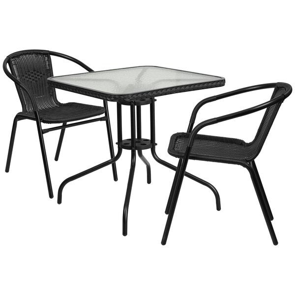 Square Table Set, 28 W, 28 L, 28 H, Aluminum, Glass, Metal, Plastic, Rattan Top, Clear
