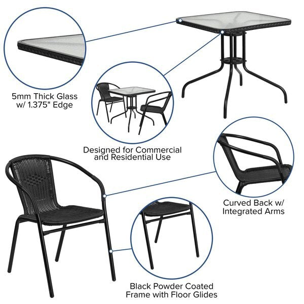 Square Table Set, 28 W, 28 L, 28 H, Aluminum, Glass, Metal, Plastic, Rattan Top, Clear