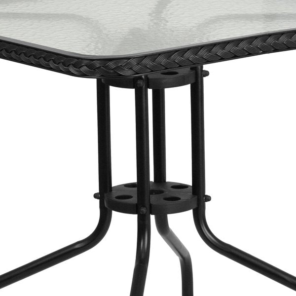 Square Table Set, 28 W, 28 L, 28 H, Aluminum, Glass, Metal, Plastic, Rattan Top, Clear