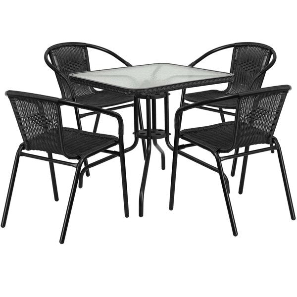 Square Table Set, 28 W, 28 L, 28 H, Aluminum, Glass, Metal, Plastic, Rattan Top, Clear