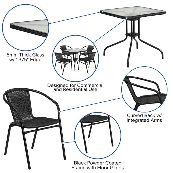 Square Table Set, 28 W, 28 L, 28 H, Aluminum, Glass, Metal, Plastic, Rattan Top, Clear