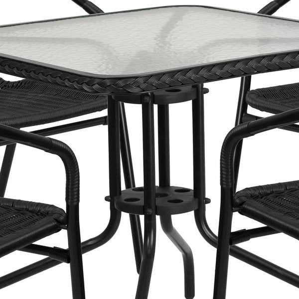 Square Table Set, 28 W, 28 L, 28 H, Aluminum, Glass, Metal, Plastic, Rattan Top, Clear