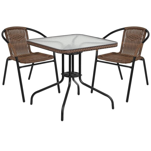 Square Table Set, 28 W, 28 L, 28 H, Aluminum, Glass, Metal, Plastic, Rattan Top, Clear