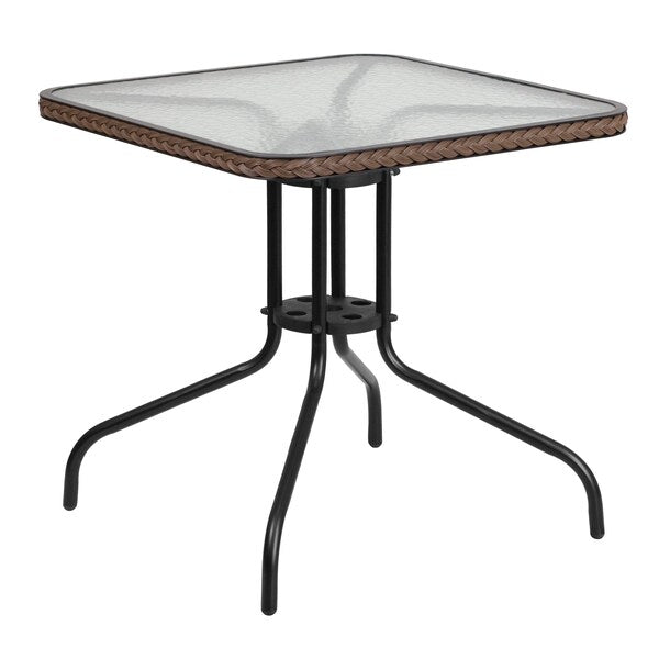 Square Table Set, 28 W, 28 L, 28 H, Aluminum, Glass, Metal, Plastic, Rattan Top, Clear
