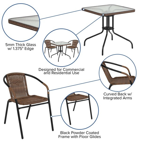 Square Table Set, 28 W, 28 L, 28 H, Aluminum, Glass, Metal, Plastic, Rattan Top, Clear