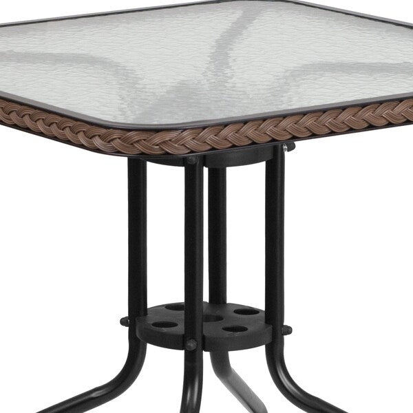 Square Table Set, 28 W, 28 L, 28 H, Aluminum, Glass, Metal, Plastic, Rattan Top, Clear