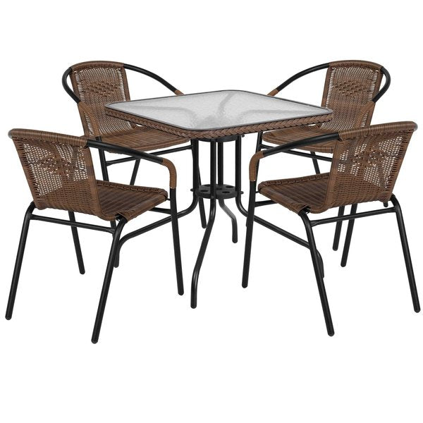 Square Table Set, 28 W, 28 L, 28 H, Aluminum, Glass, Metal, Plastic, Rattan Top, Clear