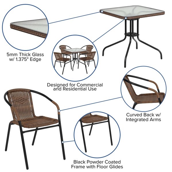Square Table Set, 28 W, 28 L, 28 H, Aluminum, Glass, Metal, Plastic, Rattan Top, Clear