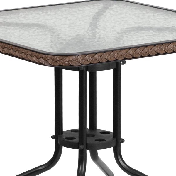 Square Table Set, 28 W, 28 L, 28 H, Aluminum, Glass, Metal, Plastic, Rattan Top, Clear