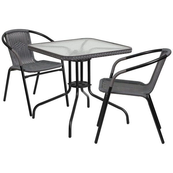 Square Metal Table, Sqr w/Rattan Chairs, Gray, 28