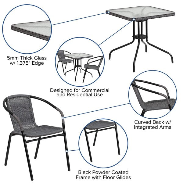 Square Metal Table, Sqr w/Rattan Chairs, Gray, 28