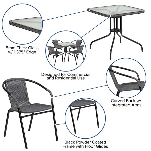 Square Metal Table, Sqr w/Rattan Chairs, Gray, 28