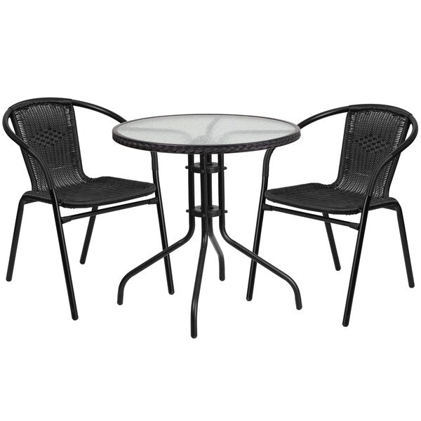 Round Glass Table w/2 Blk Rattan Chrs, Rnd, 28