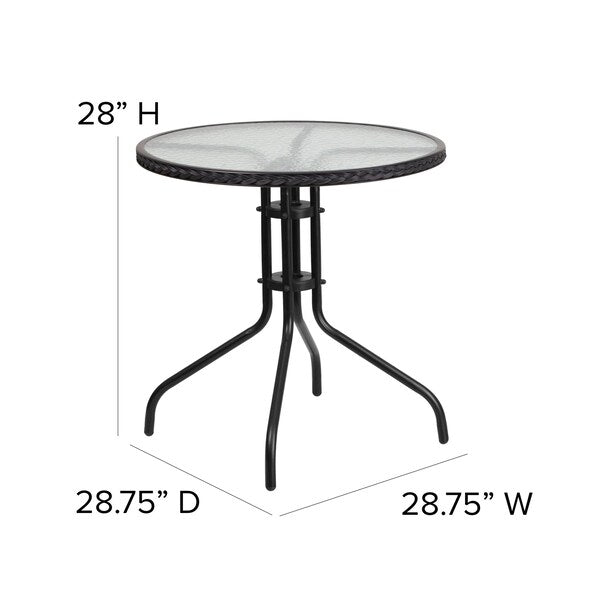 Round Glass Table w/2 Blk Rattan Chrs, Rnd, 28