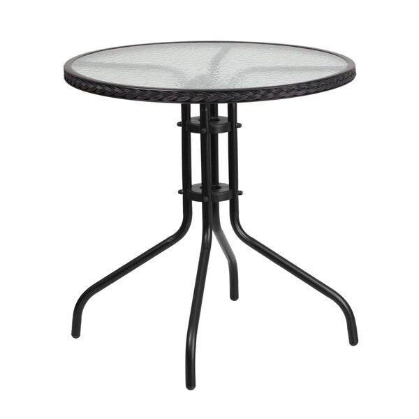 Round Glass Table w/2 Blk Rattan Chrs, Rnd, 28
