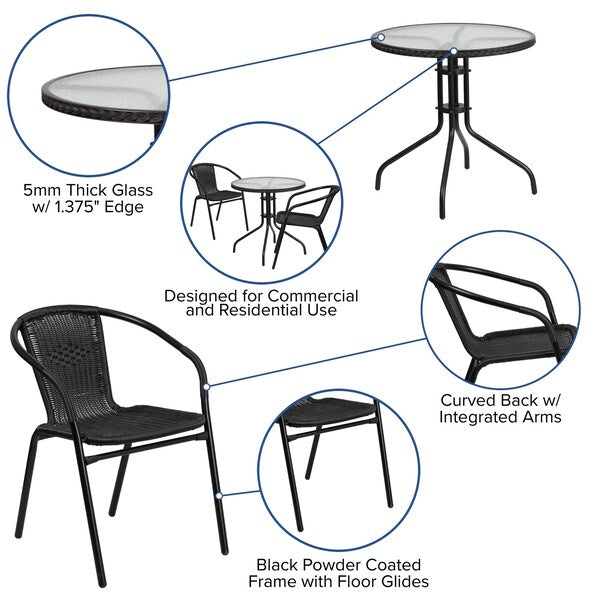 Round Glass Table w/2 Blk Rattan Chrs, Rnd, 28