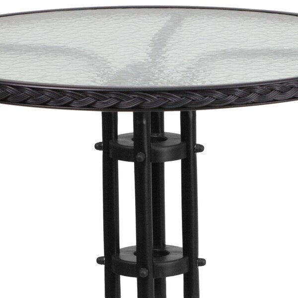 Round Glass Table w/2 Blk Rattan Chrs, Rnd, 28