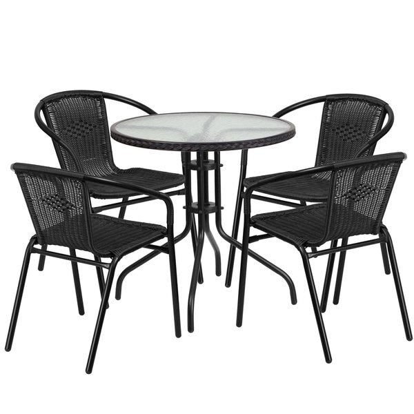 Round Glass Table w/4 Blk Rattan Chrs, Rnd, 28