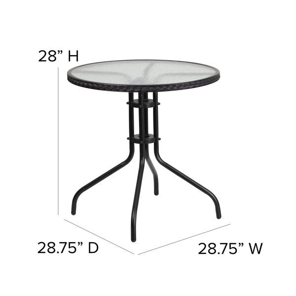 Round Glass Table w/4 Blk Rattan Chrs, Rnd, 28