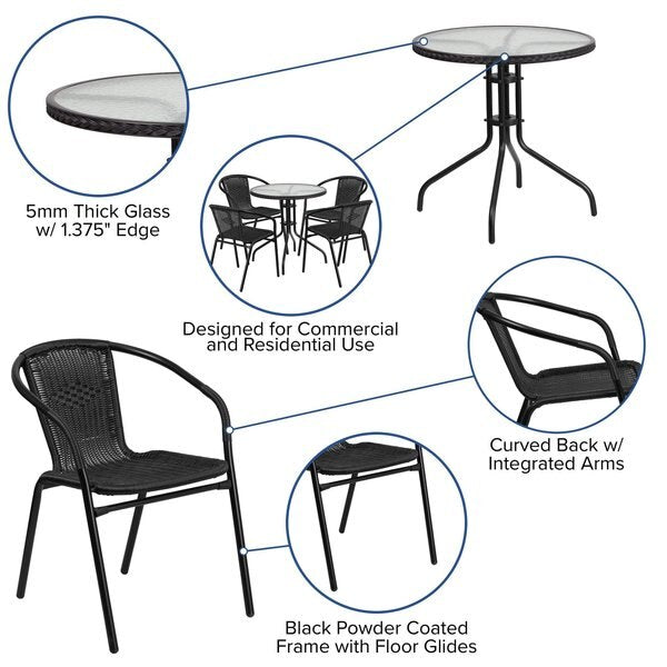 Round Glass Table w/4 Blk Rattan Chrs, Rnd, 28