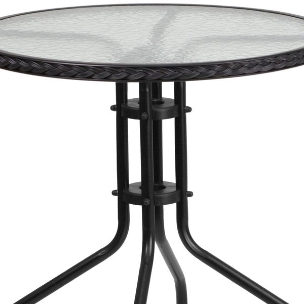 Round Glass Table w/4 Blk Rattan Chrs, Rnd, 28