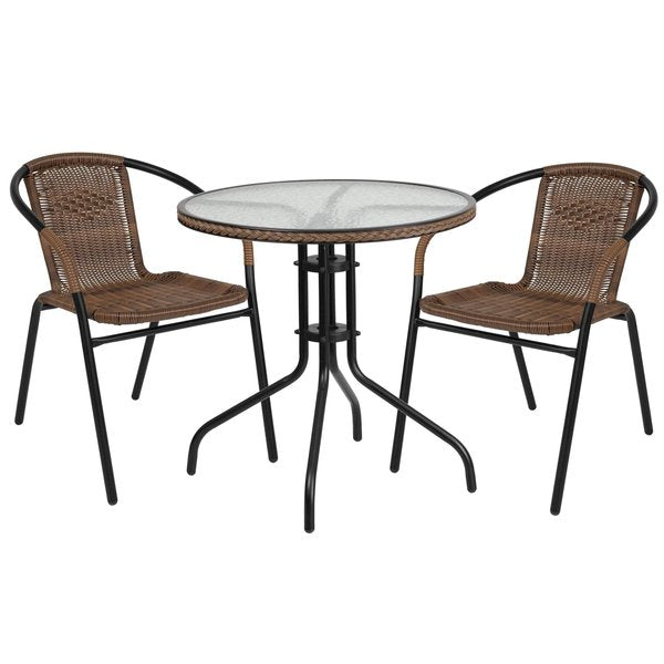 Round Table Set, 28.75 W, 28.75 L, 28 H, Aluminum, Glass, Metal, Plastic, Rattan Top, Clear