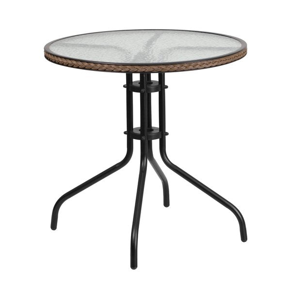 Round Table Set, 28.75 W, 28.75 L, 28 H, Aluminum, Glass, Metal, Plastic, Rattan Top, Clear