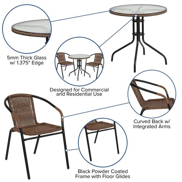 Round Table Set, 28.75 W, 28.75 L, 28 H, Aluminum, Glass, Metal, Plastic, Rattan Top, Clear