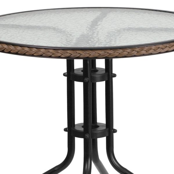 Round Table Set, 28.75 W, 28.75 L, 28 H, Aluminum, Glass, Metal, Plastic, Rattan Top, Clear