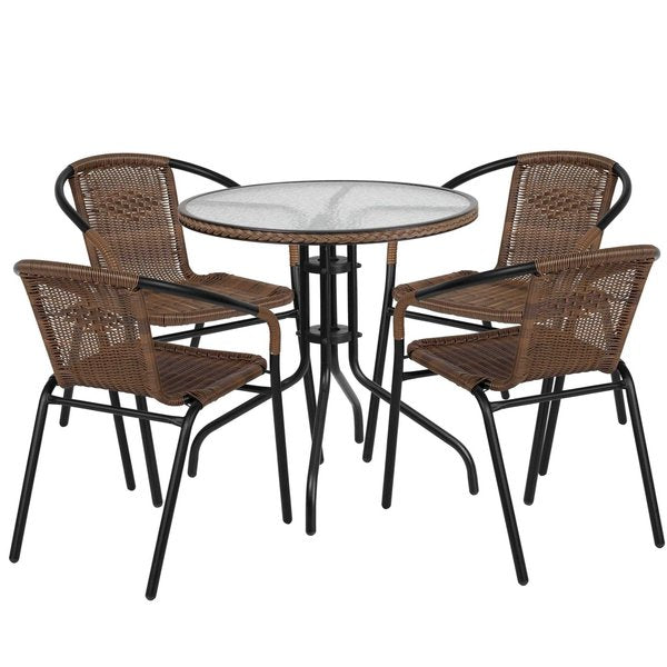 Round Table Set, 28.75 W, 28.75 L, 28 H, Aluminum, Glass, Metal, Plastic, Rattan Top, Clear