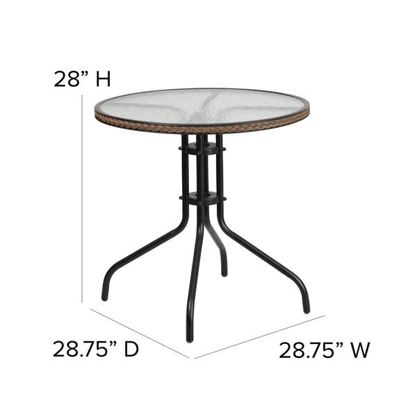 Round Table Set, 28.75 W, 28.75 L, 28 H, Aluminum, Glass, Metal, Plastic, Rattan Top, Clear