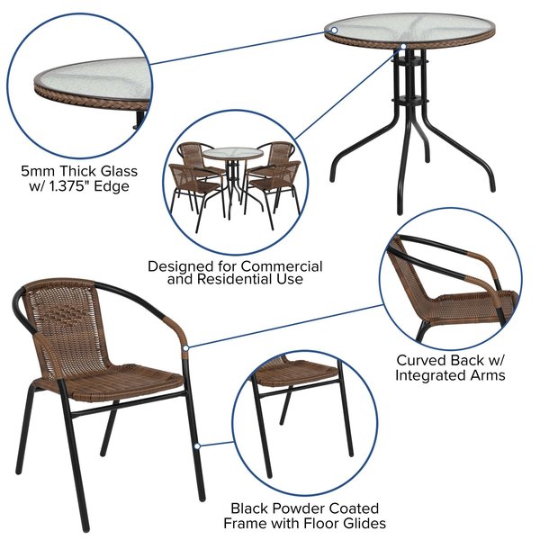 Round Table Set, 28.75 W, 28.75 L, 28 H, Aluminum, Glass, Metal, Plastic, Rattan Top, Clear