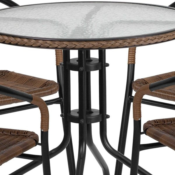 Round Table Set, 28.75 W, 28.75 L, 28 H, Aluminum, Glass, Metal, Plastic, Rattan Top, Clear