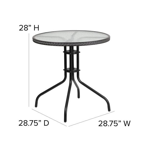 Round Table Set, 28.75 W, 28.75 L, 28 H, Aluminum, Glass, Metal, Plastic, Rattan Top, Clear