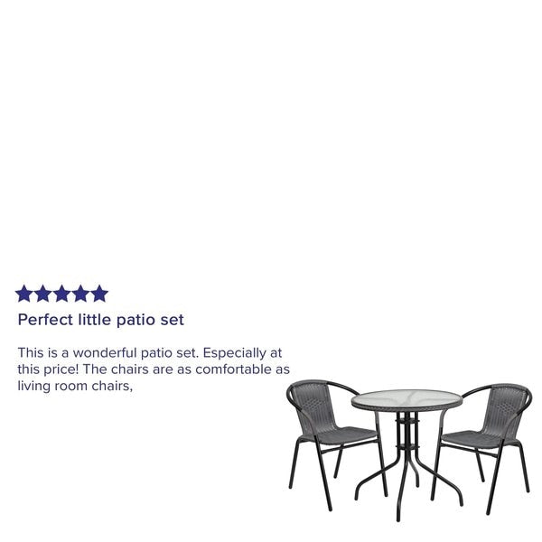 Round Table Set, 28.75 W, 28.75 L, 28 H, Aluminum, Glass, Metal, Plastic, Rattan Top, Clear