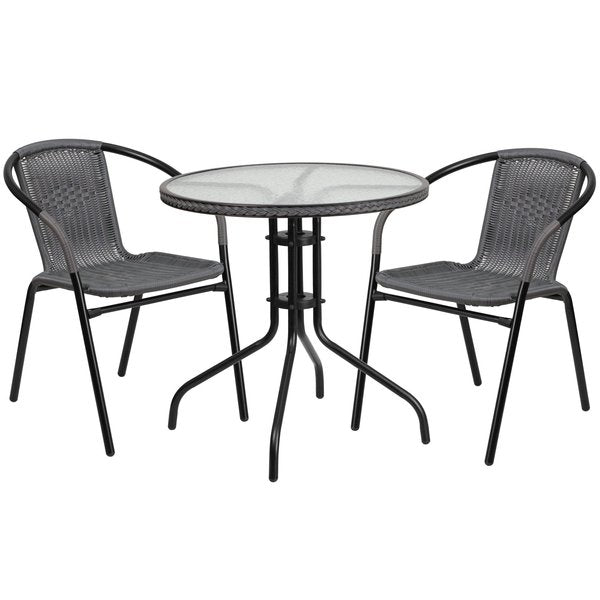 Round Table Set, 28.75 W, 28.75 L, 28 H, Aluminum, Glass, Metal, Plastic, Rattan Top, Clear