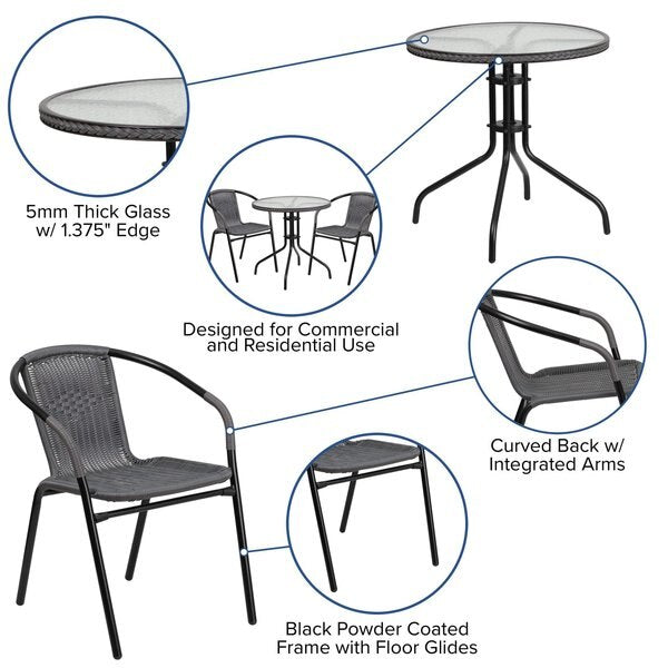 Round Table Set, 28.75 W, 28.75 L, 28 H, Aluminum, Glass, Metal, Plastic, Rattan Top, Clear