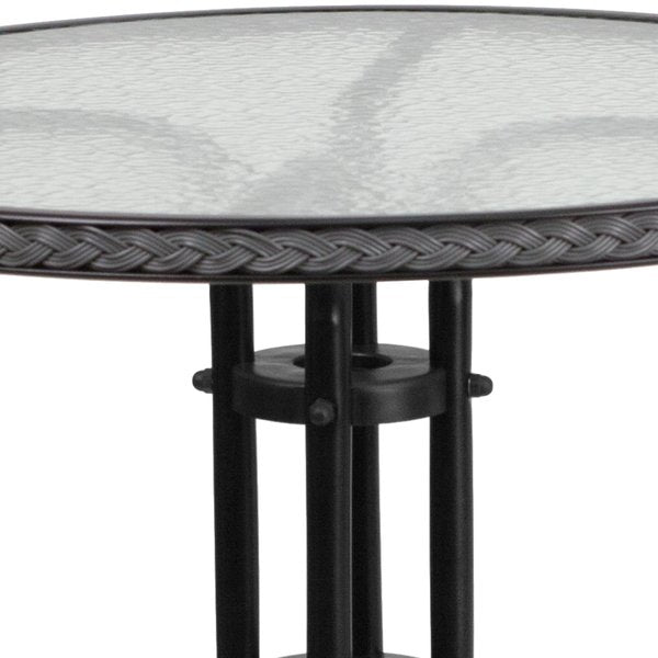 Round Table Set, 28.75 W, 28.75 L, 28 H, Aluminum, Glass, Metal, Plastic, Rattan Top, Clear